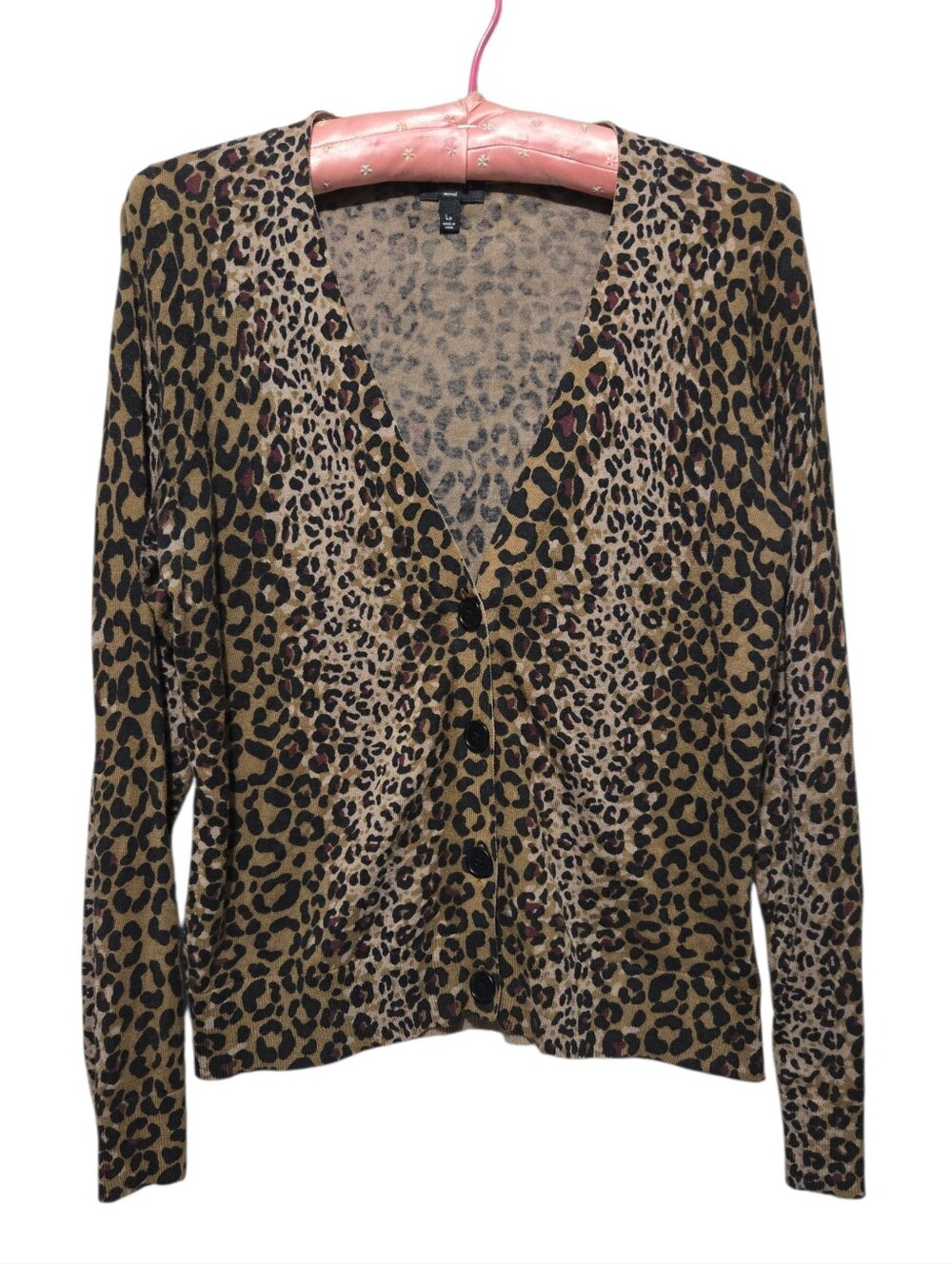 Talbots Leopard Print Cardigan Sweater Womens Large V-Neck Button Front